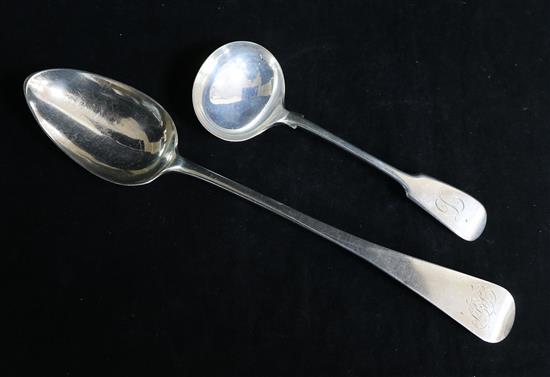 A George IV silver Old English pattern basting spoon, London, 1825 and a later silver sauce ladle, 6.5 oz.